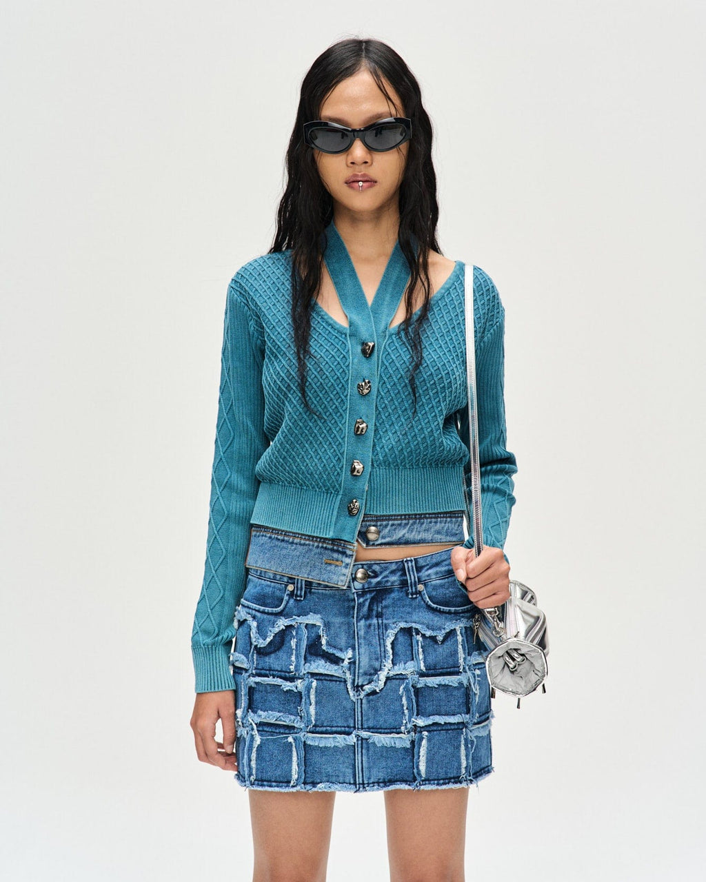 WOMEN) SONYA DYEING WASHED CUT-OUT CARDIGAN atb1090w(TEAL BLUE