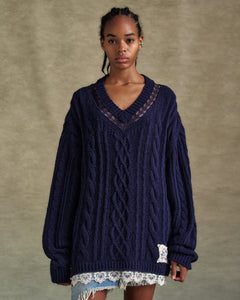 Andersson Bell LACE CHUNKY V-NECK KNIT atb1260w(NAVY)