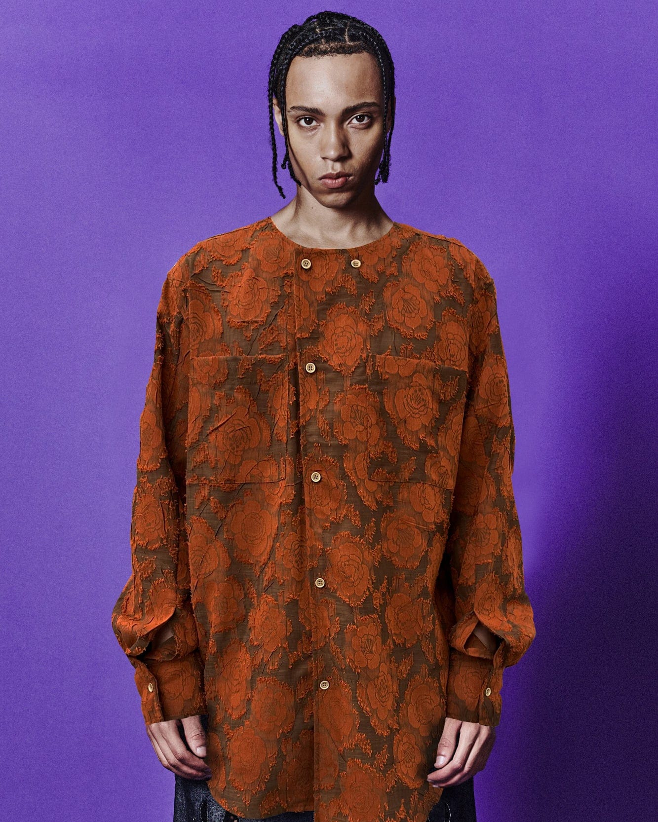 Andersson Bell ORANGE FLOWER COLLARLESS SHIRTS atb1051m(ORANGE)
