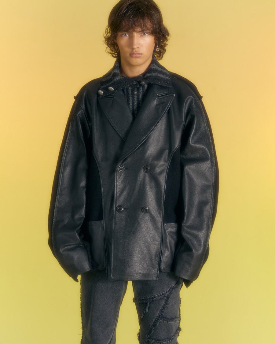Andersson Bell TEDDY LEATHER KNIT DOUBLE BREASTED JACKET awa561m(BLACK)