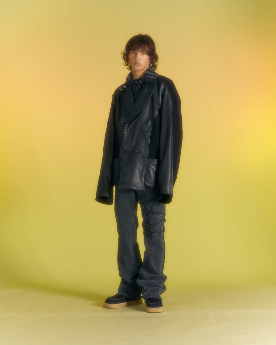 Andersson Bell TEDDY LEATHER KNIT DOUBLE BREASTED JACKET awa561m(BLACK)