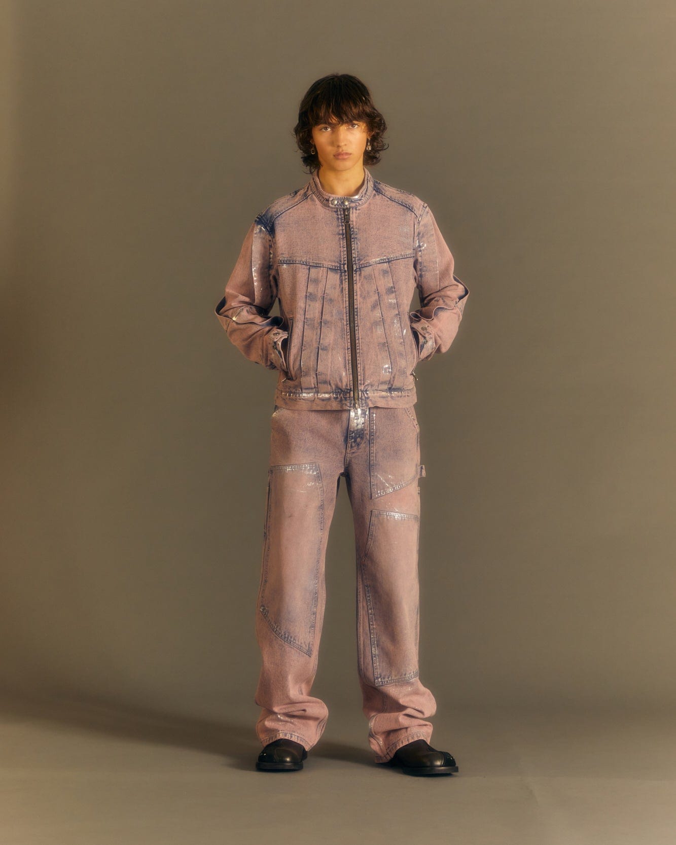 Andersson Bell WAX COATED DENIM MOTORCYCLE JACKET awa560m(DUST PINK)