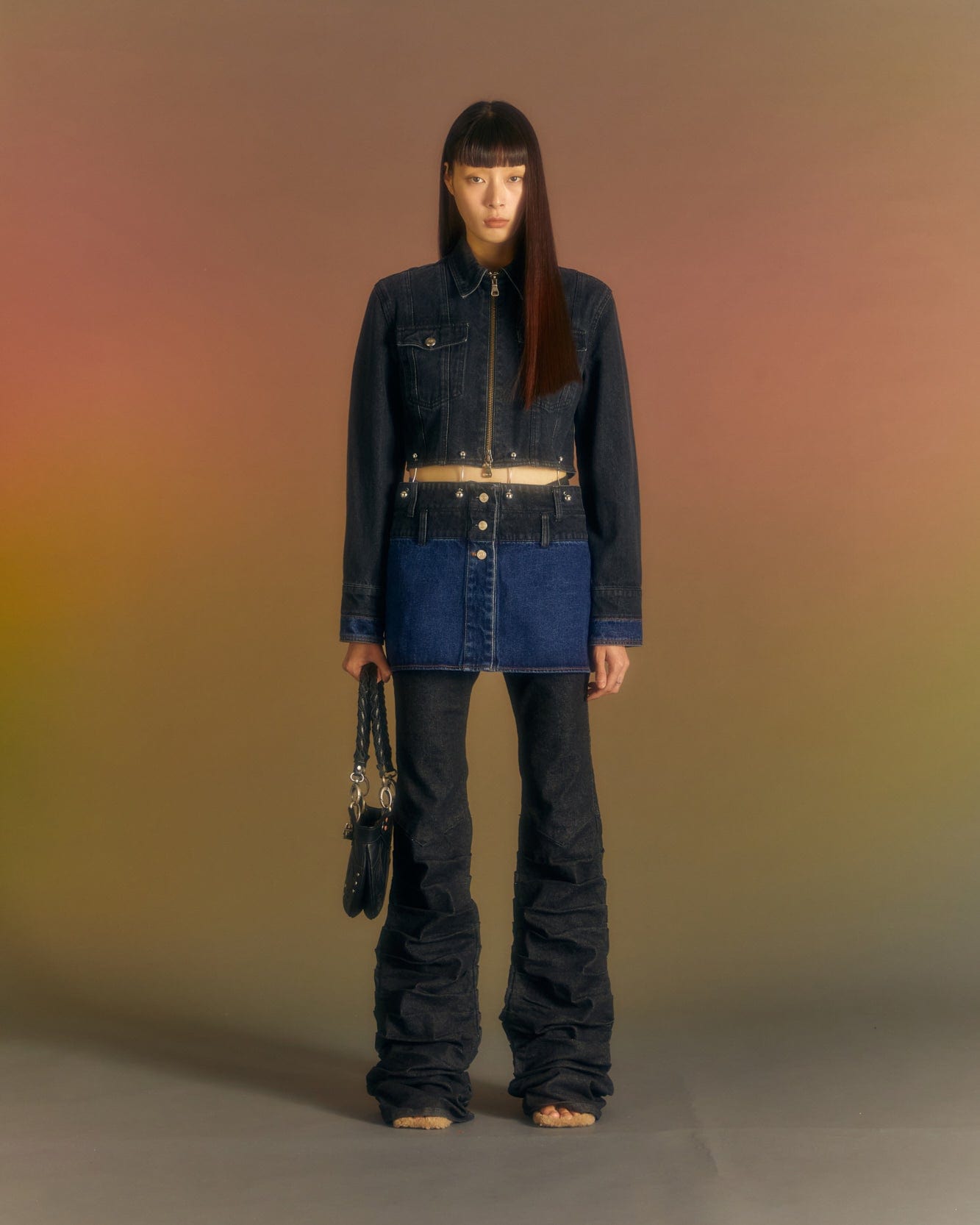 Andersson Bell (WOMEN) 3WAY BLOCKING DENIM JACKET awa549w(WASHED BLACK & INDIGO)