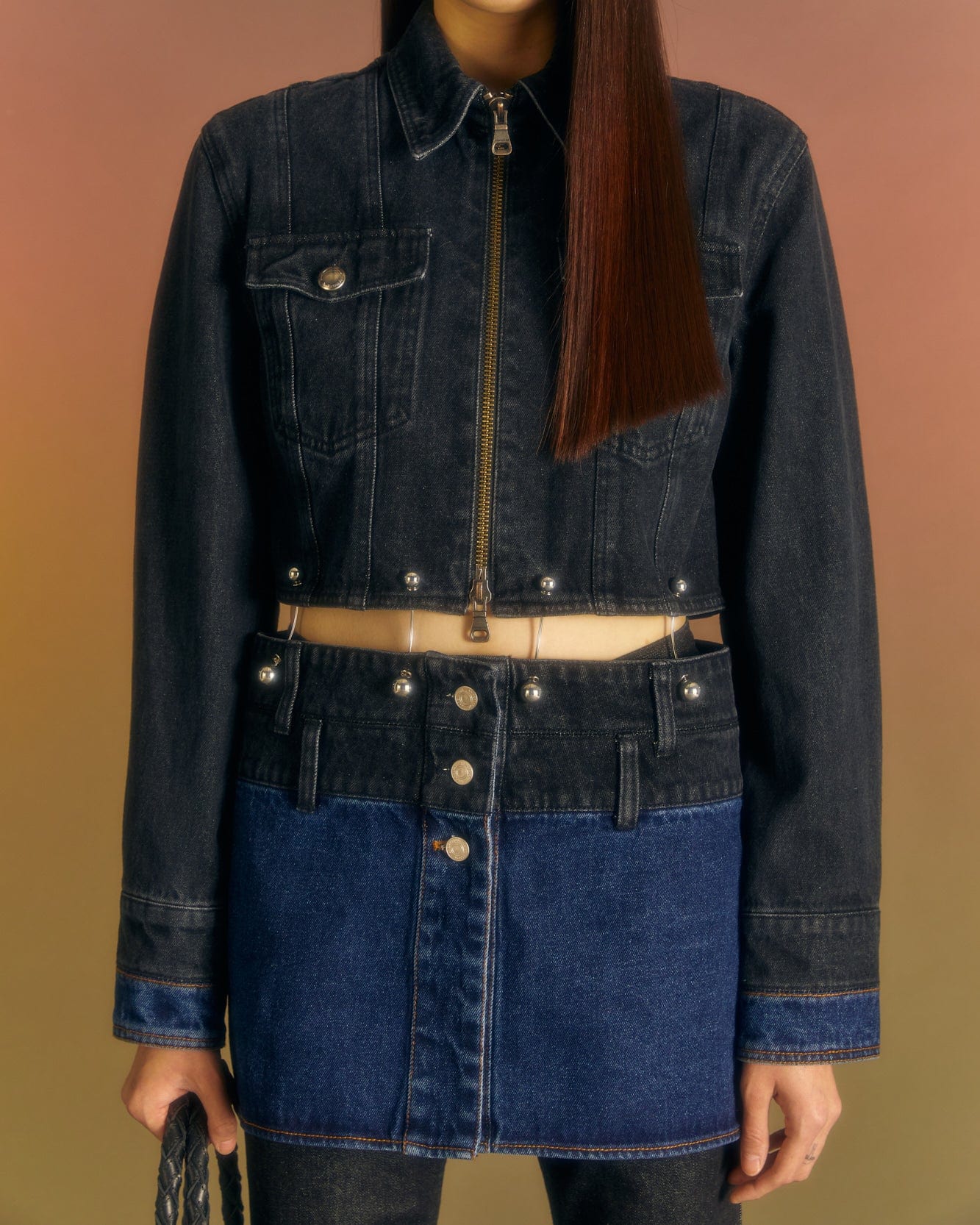 Andersson Bell (WOMEN) 3WAY BLOCKING DENIM JACKET awa549w(WASHED BLACK & INDIGO)