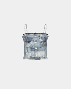 Andersson Bell (WOMEN) ALL-DENIM PRINTED BUSTIER TOP atb1124w(BLUE)
