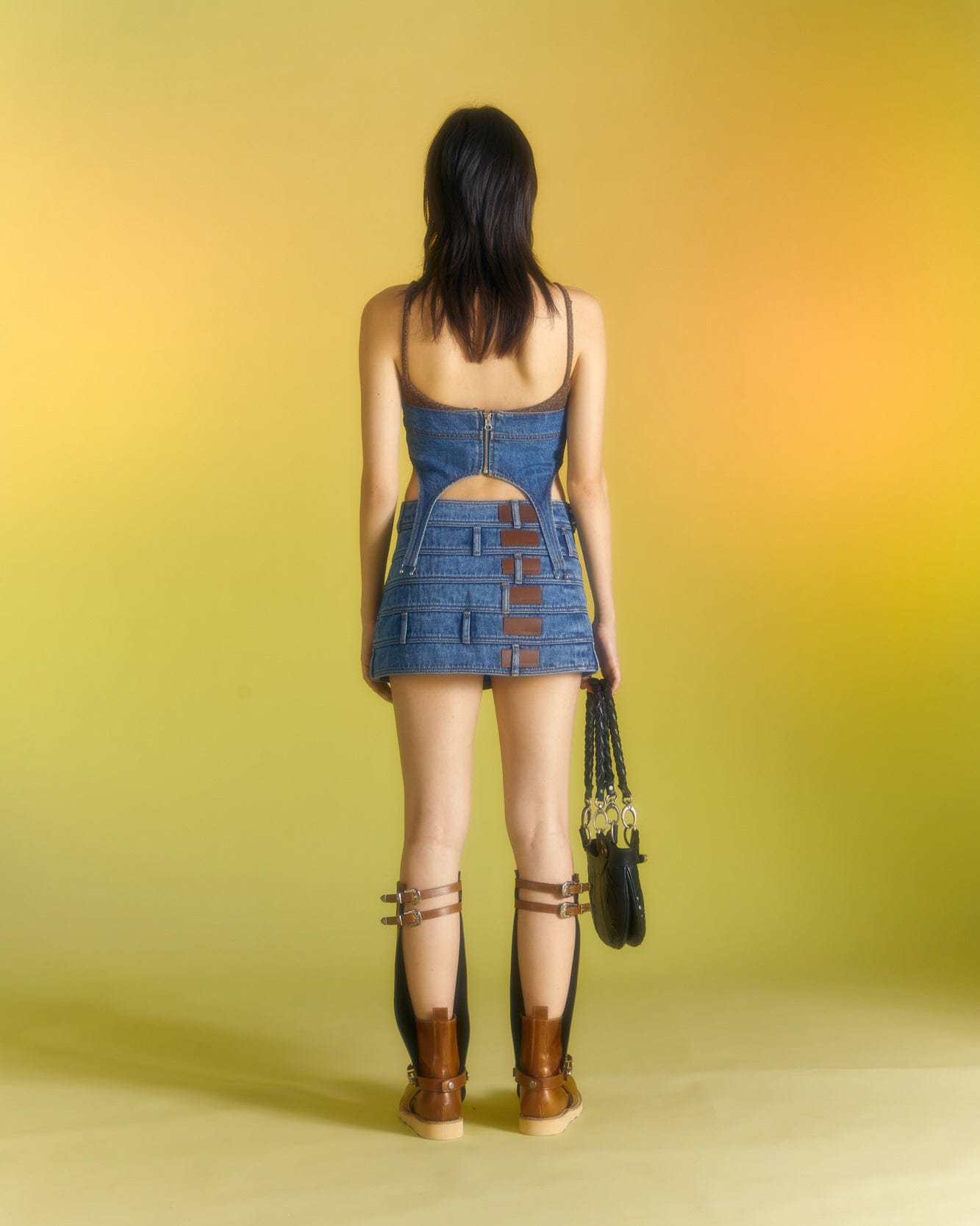 Andersson Bell (WOMEN) CHUKO KNIT COMBO DENIM BUSTIER atb982w(WASHED BLUE)