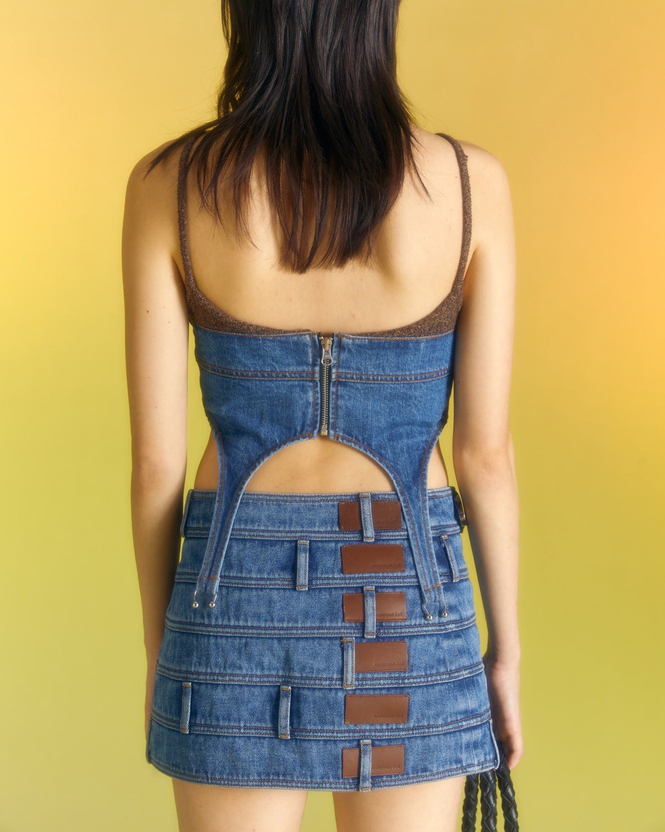 Andersson Bell (WOMEN) CHUKO KNIT COMBO DENIM BUSTIER atb982w(WASHED BLUE)