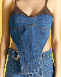 Andersson Bell (WOMEN) CHUKO KNIT COMBO DENIM BUSTIER atb982w(WASHED BLUE)