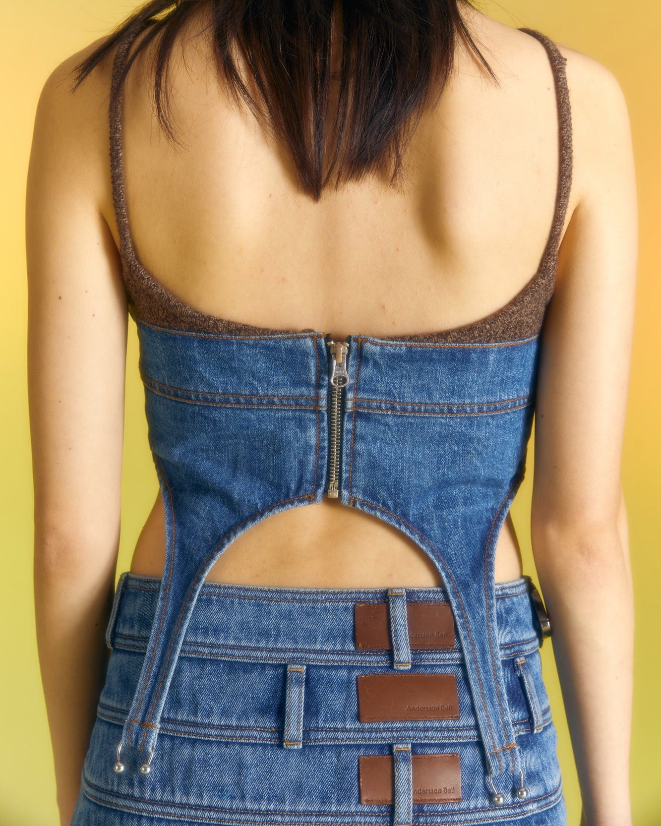 Andersson Bell (WOMEN) CHUKO KNIT COMBO DENIM BUSTIER atb982w(WASHED BLUE)
