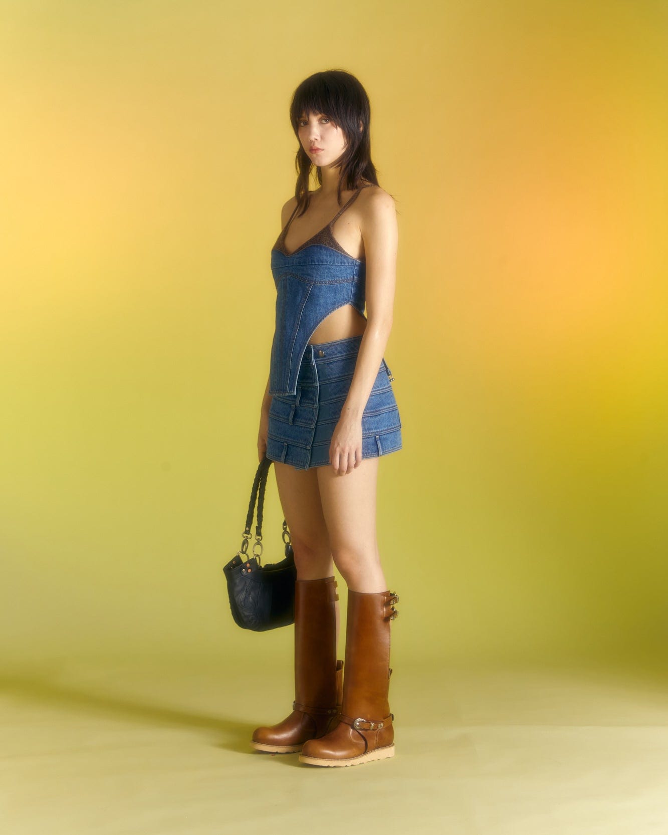 Andersson Bell (WOMEN) CHUKO KNIT COMBO DENIM BUSTIER atb982w(WASHED BLUE)