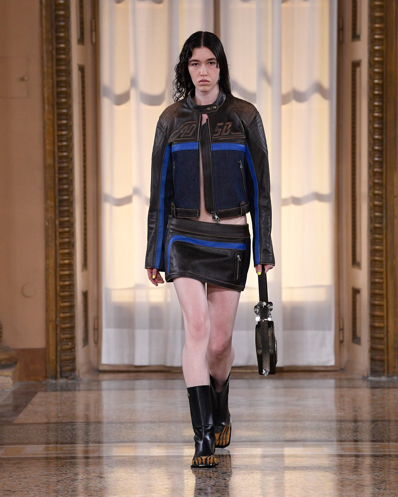 Denim Leather Blazer Women Outfit WOMEN) DENIM COMBO RACING