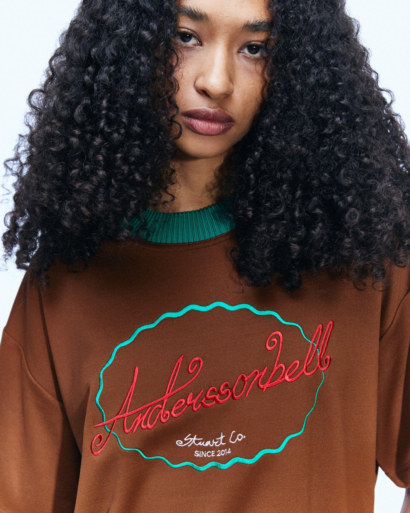 Andersson Bell (WOMEN) (ESSENTIAL) UNISEX LOGO EMBROIDERY PONTE T-SHIRTS atb902u(BROWN)