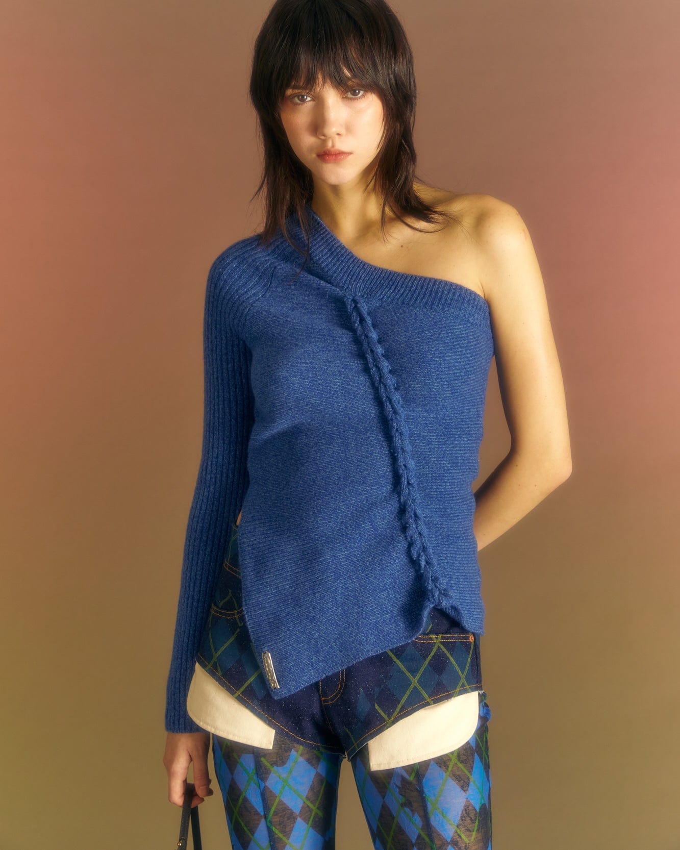 Andersson Bell (WOMEN) HAND TWIST ASYMMETRIC KNIT TOP atb985w(MELANGE BLUE)