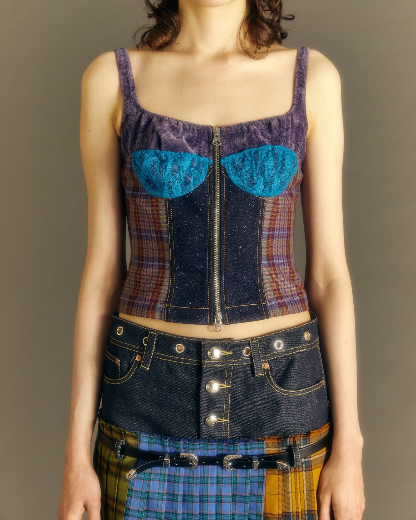 Andersson Bell (WOMEN) KIRA LACE CHECK ZIP-UP TOP atb995w(PURPLE)