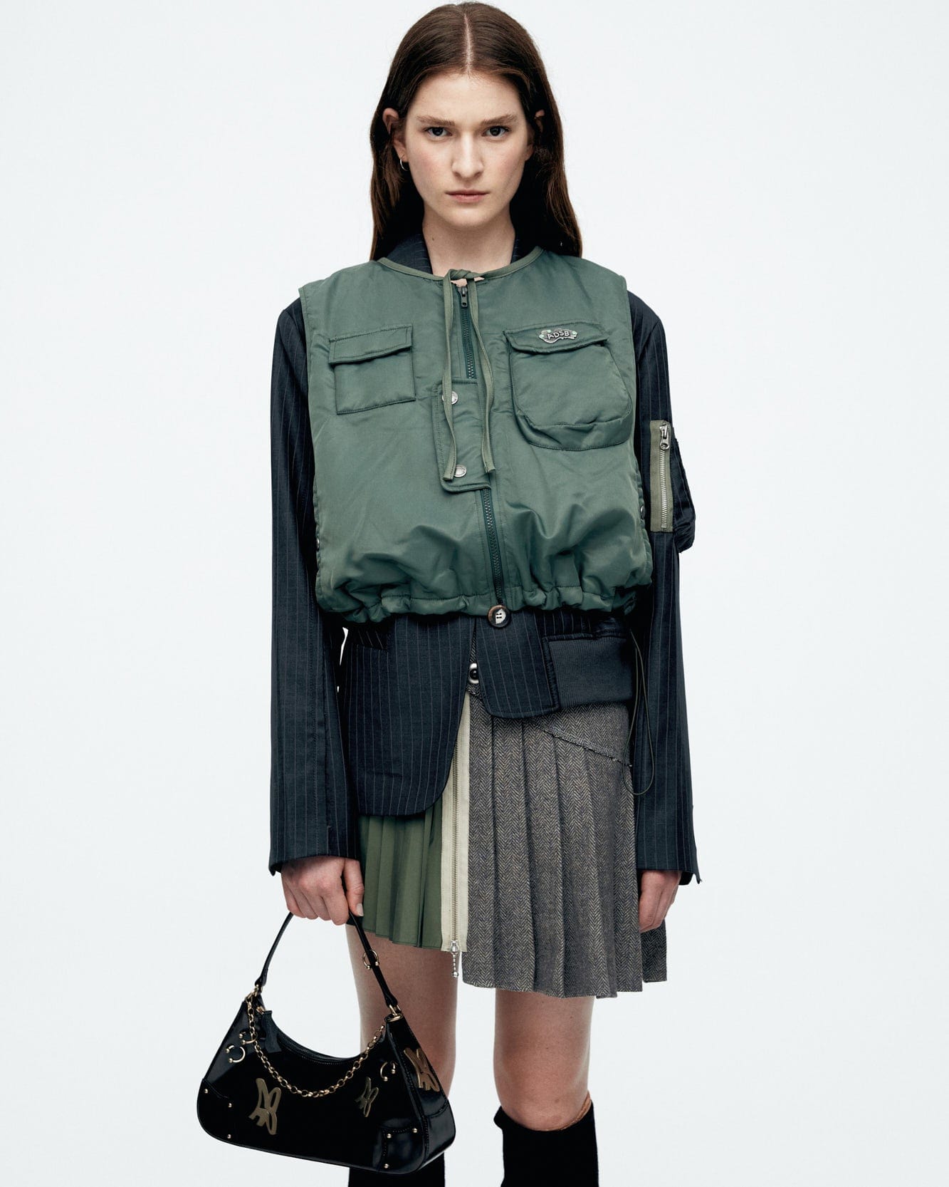 Andersson Bell (WOMEN) MULINA CRINKLE DENIM BOMBER COMBO JACKET awa551w(WASHED BLACK)