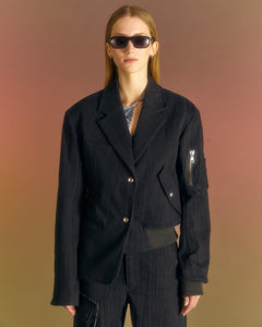Andersson Bell (WOMEN) MULINA CRINKLE DENIM BOMBER COMBO JACKET awa551w(WASHED BLACK)