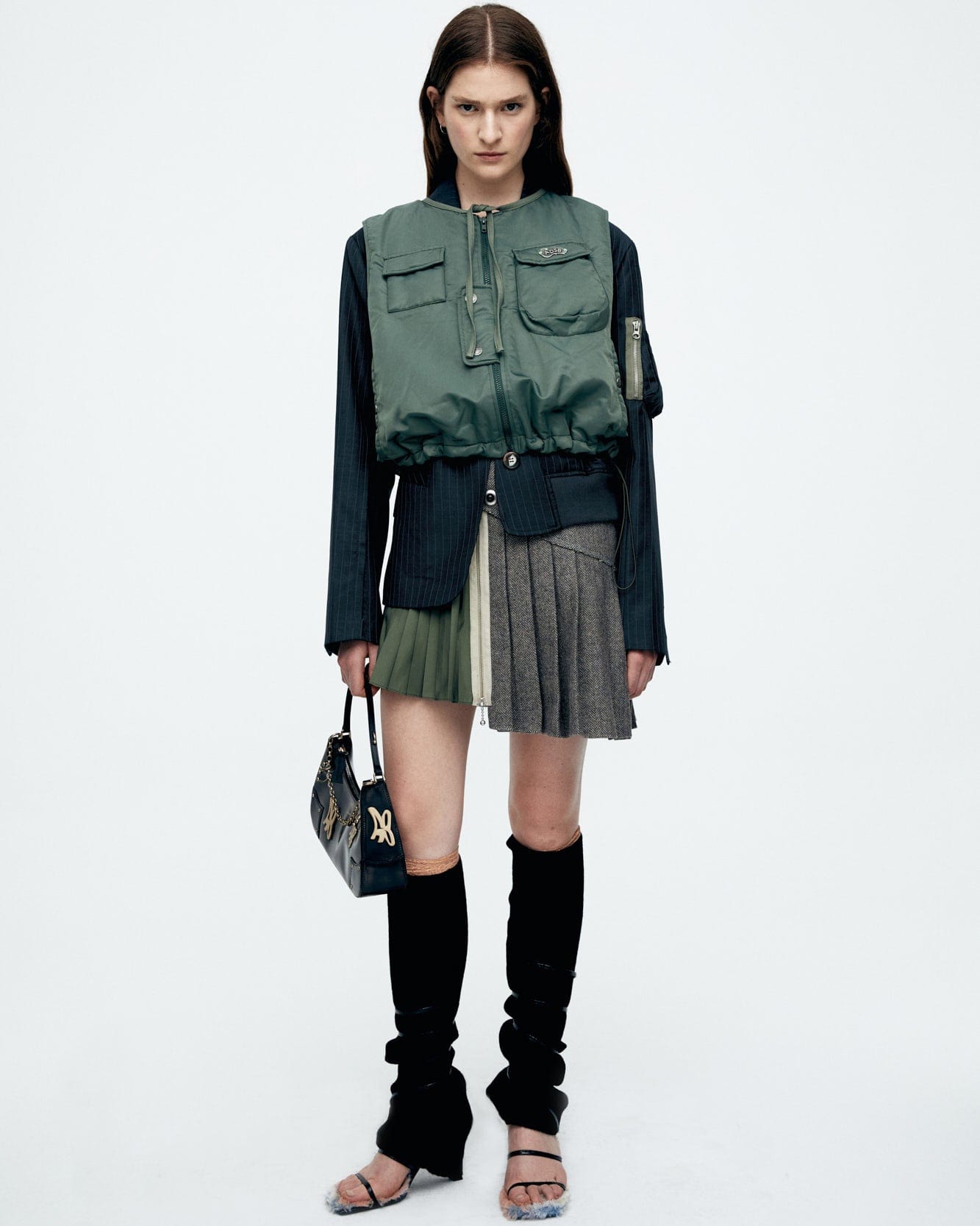Andersson Bell (WOMEN) MULINA CRINKLE DENIM BOMBER COMBO JACKET awa551w(WASHED BLACK)