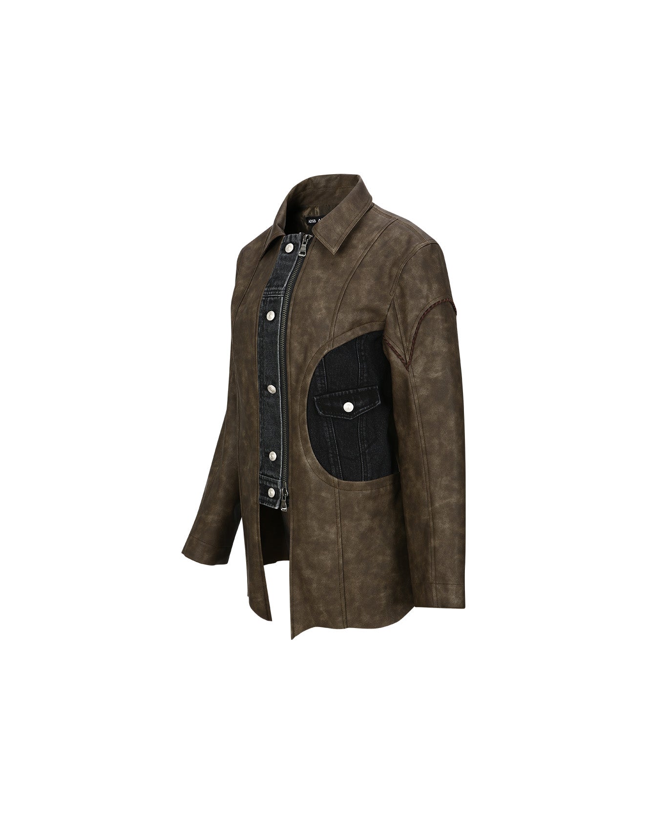 Andersson Bell (WOMEN) RAW CUT DENIM TRIM FAUX LEATHER SHIRTS atb979w(BROWN)