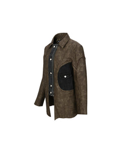 Andersson Bell (WOMEN) RAW CUT DENIM TRIM FAUX LEATHER SHIRTS atb979w(BROWN)
