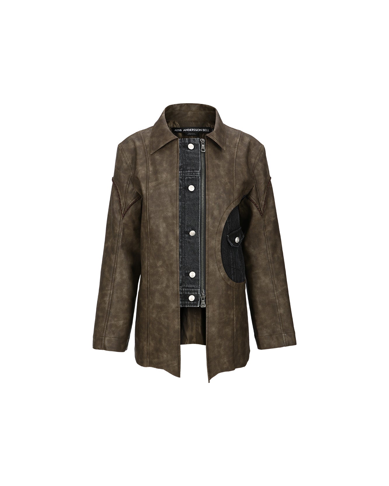 Andersson Bell (WOMEN) RAW CUT DENIM TRIM FAUX LEATHER SHIRTS atb979w(BROWN)
