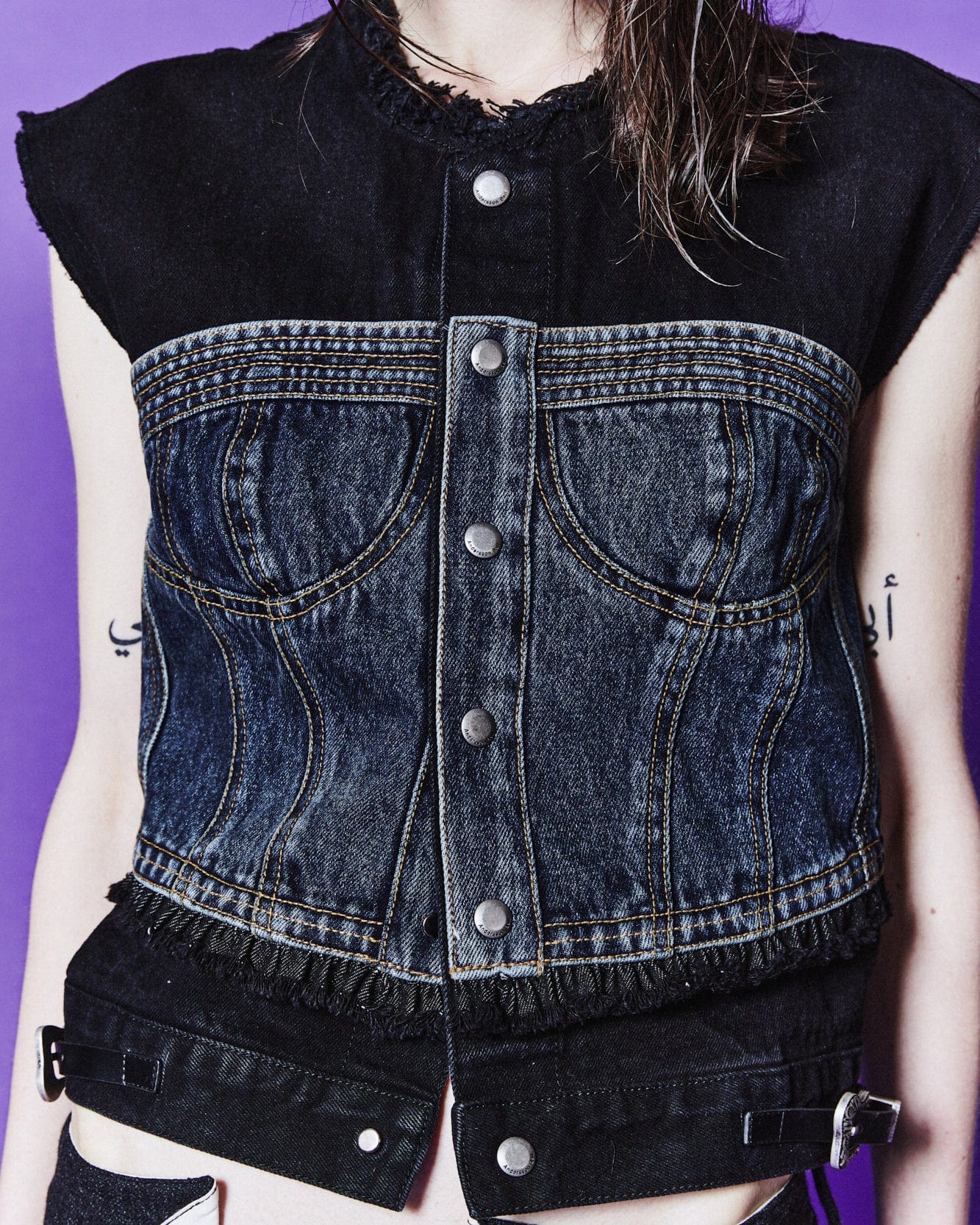 Andersson Bell (WOMEN) SOFINA BUSTIER DENIM VEST awa599w(BLUE/BLACK)