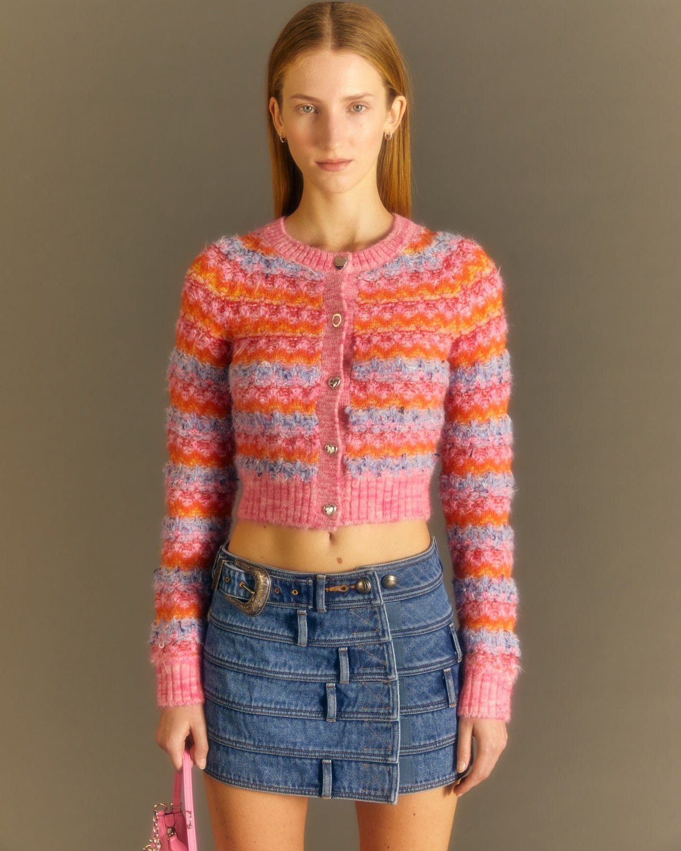 Andersson Bell (WOMEN) STRIPE POODLE KNIT CARDIGAN atb986w(MULTI PINK)