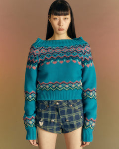 Andersson Bell (WOMEN) TAKO NORDIC OFF-SHOULDER KNIT TOP atb988w(BLUE)