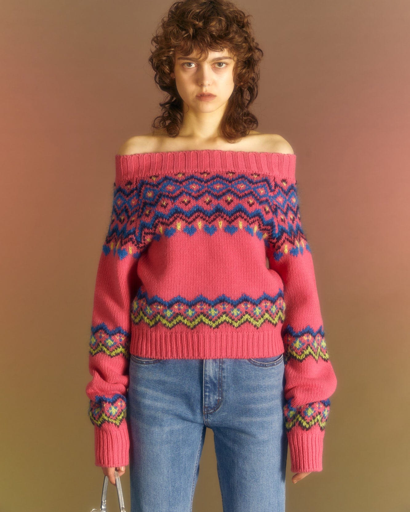 Andersson Bell (WOMEN) TAKO NORDIC OFF-SHOULDER KNIT TOP atb988w(PINK)