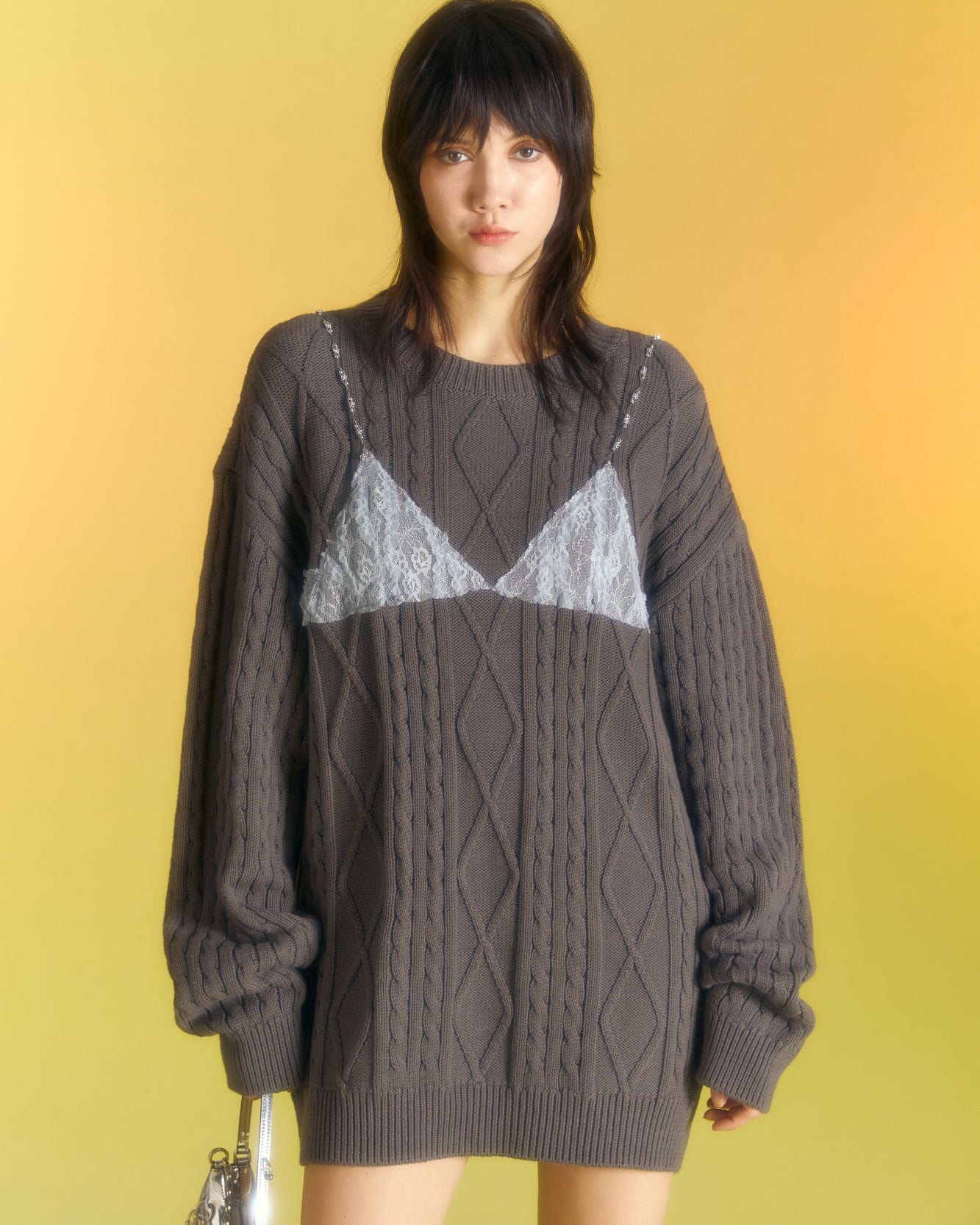 Andersson Bell (WOMEN) TESS LACE ON BOYFRIEND-FIT KNIT SWEATER atb996w(D/GREY)