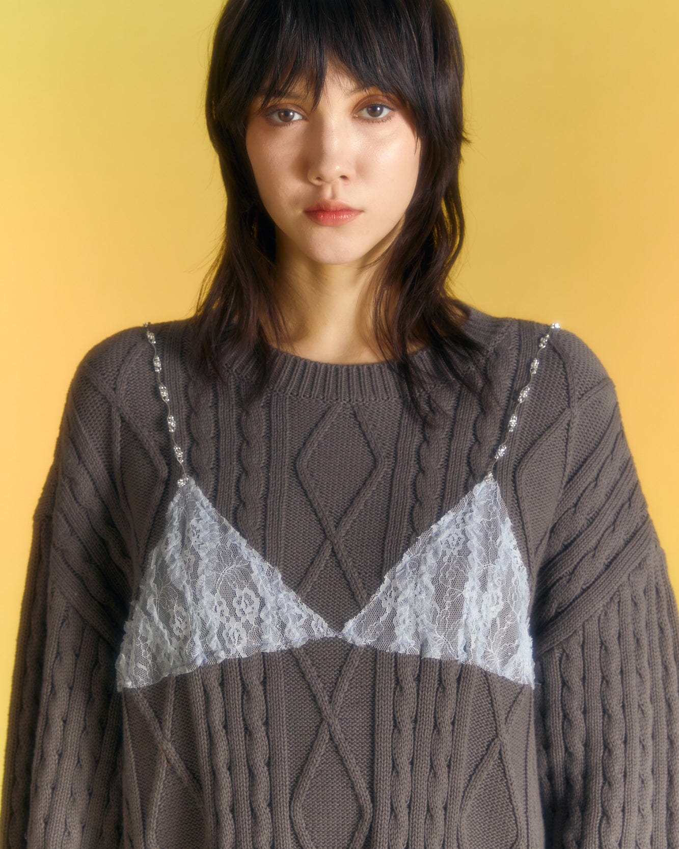 Andersson Bell (WOMEN) TESS LACE ON BOYFRIEND-FIT KNIT SWEATER atb996w(D/GREY)