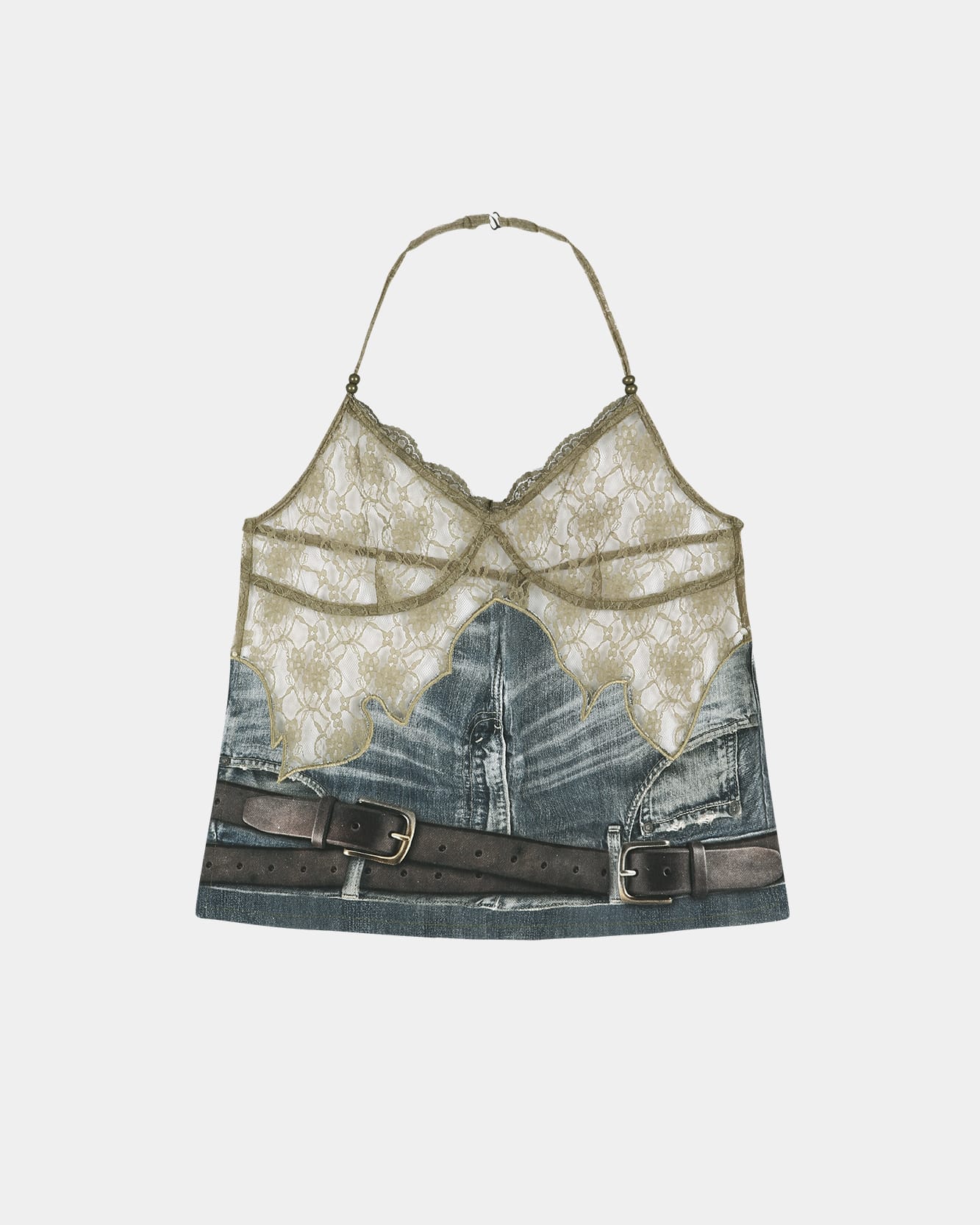 BELTED DENIM PRINTED LACE BUSTIER atb1563w(MID BLUE/KHAKI