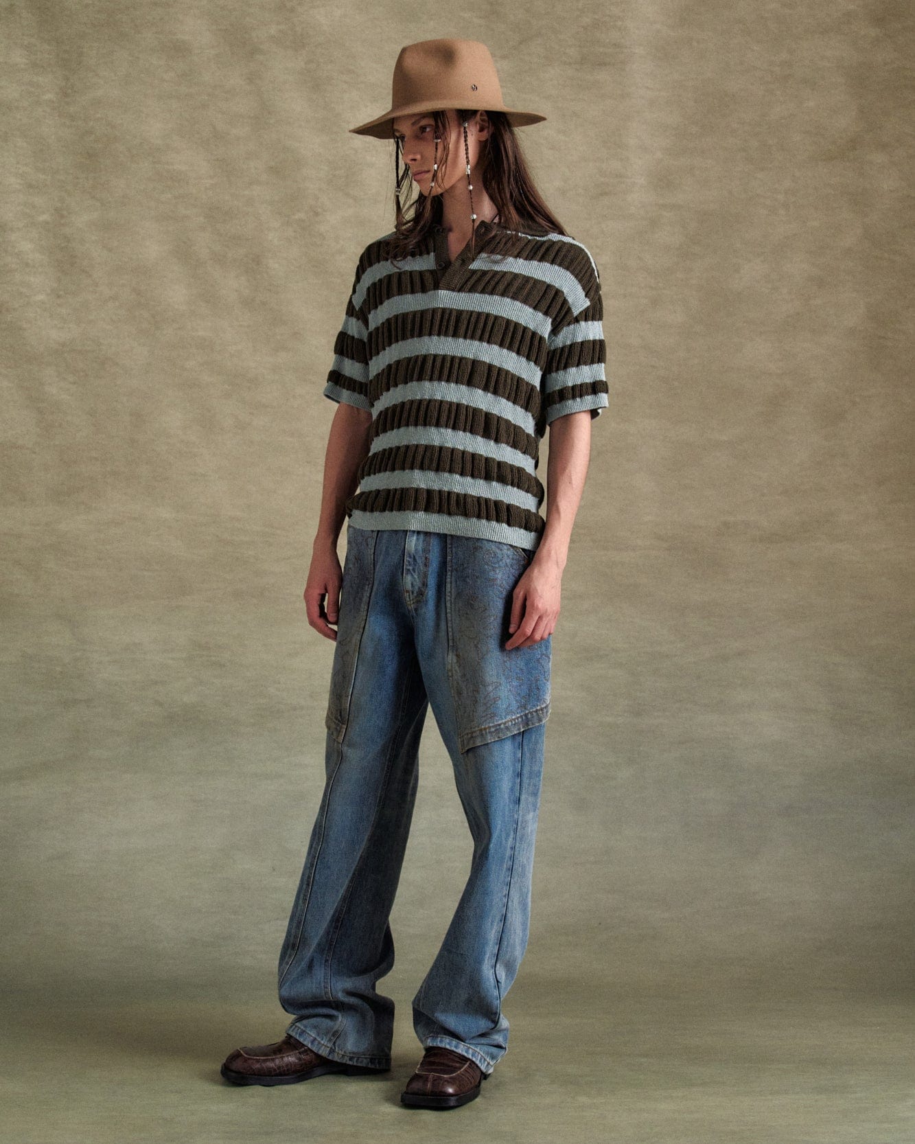 기타 BUBBLE STRIPE POLO SWEATER atb1246m(BROWN/MINT)