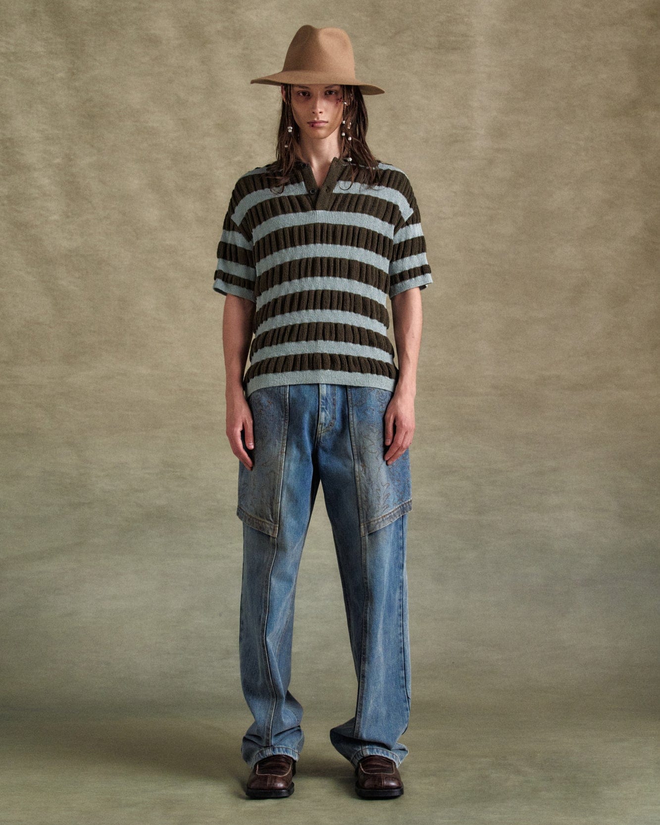 기타 BUBBLE STRIPE POLO SWEATER atb1246m(BROWN/MINT)