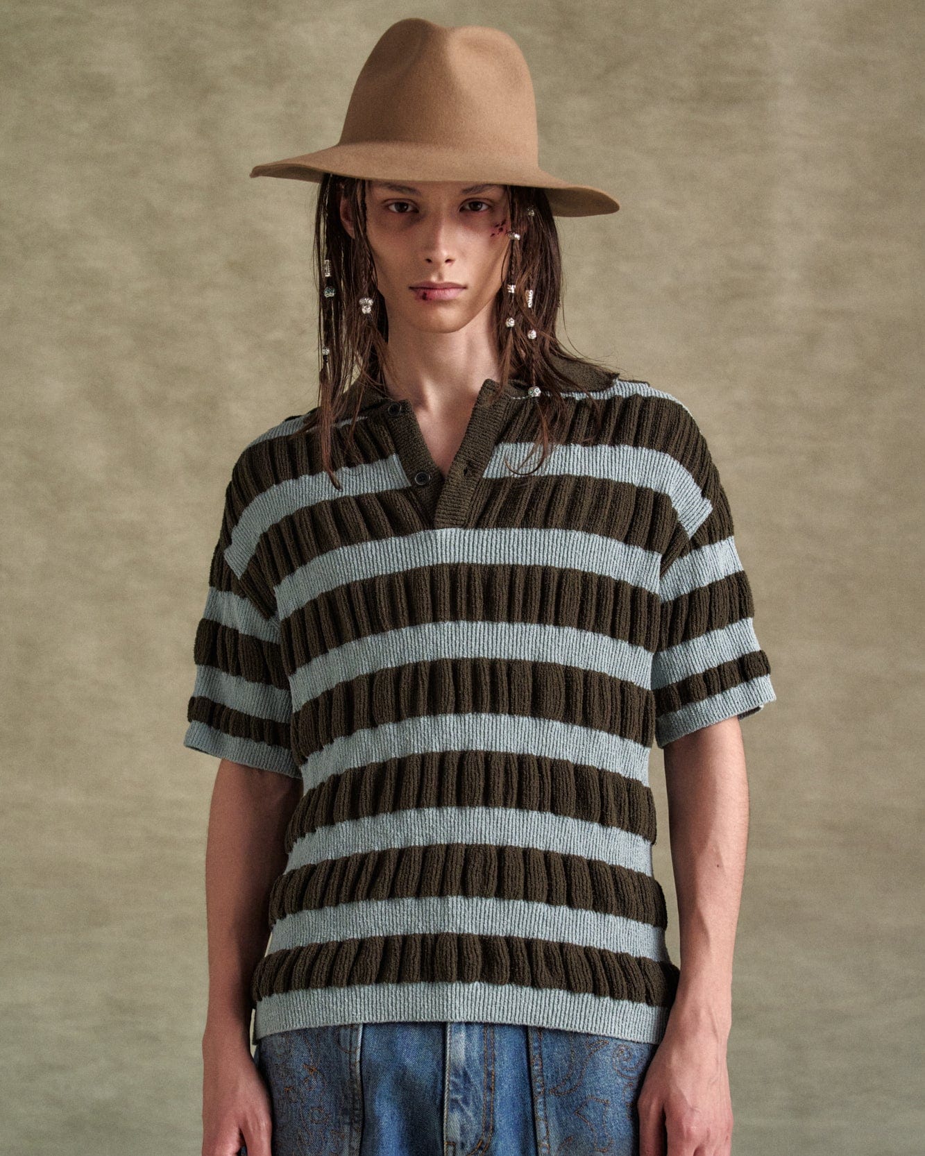 기타 BUBBLE STRIPE POLO SWEATER atb1246m(BROWN/MINT)