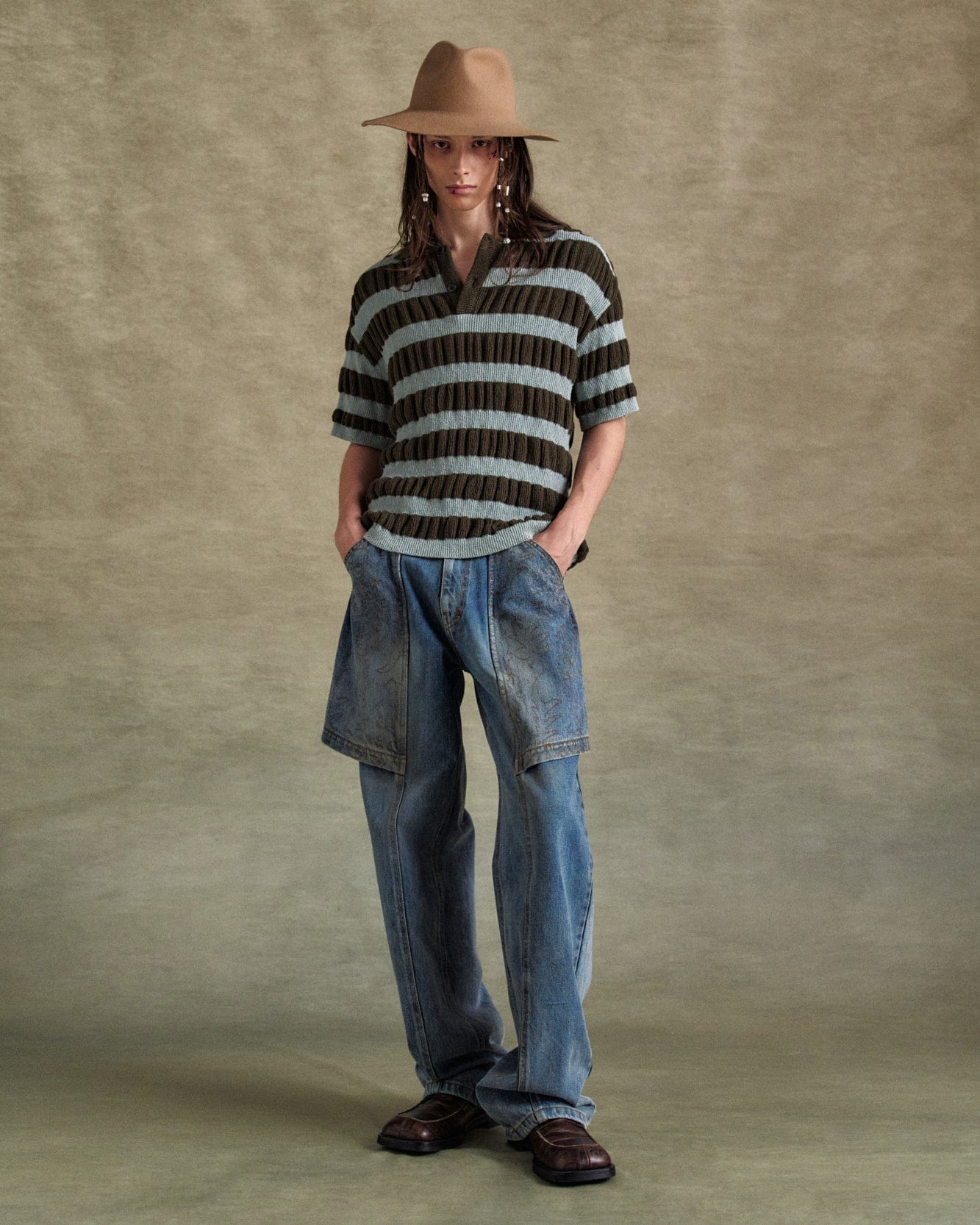 기타 BUBBLE STRIPE POLO SWEATER atb1246m(BROWN/MINT)