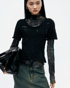 기타 CAP SLEEVE SWEATER LAYERED TOP atb1352w(BLACK)