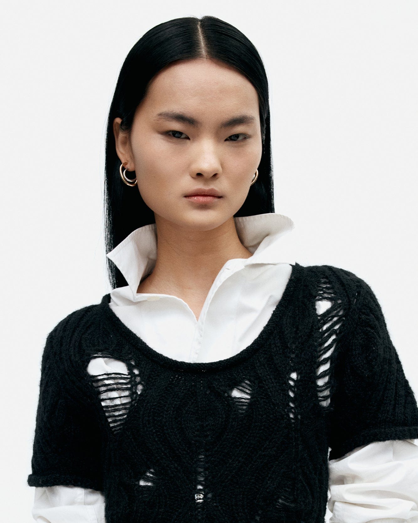 기타 CAP SLEEVE SWEATER LAYERED TOP atb1352w(BLACK)