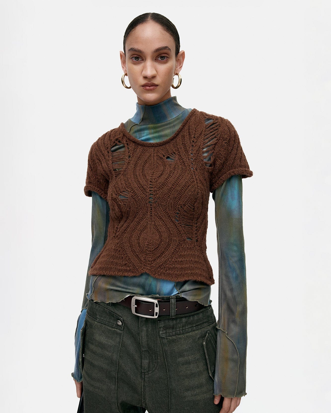 기타 CAP SLEEVE SWEATER LAYERED TOP atb1352w(BROWN)