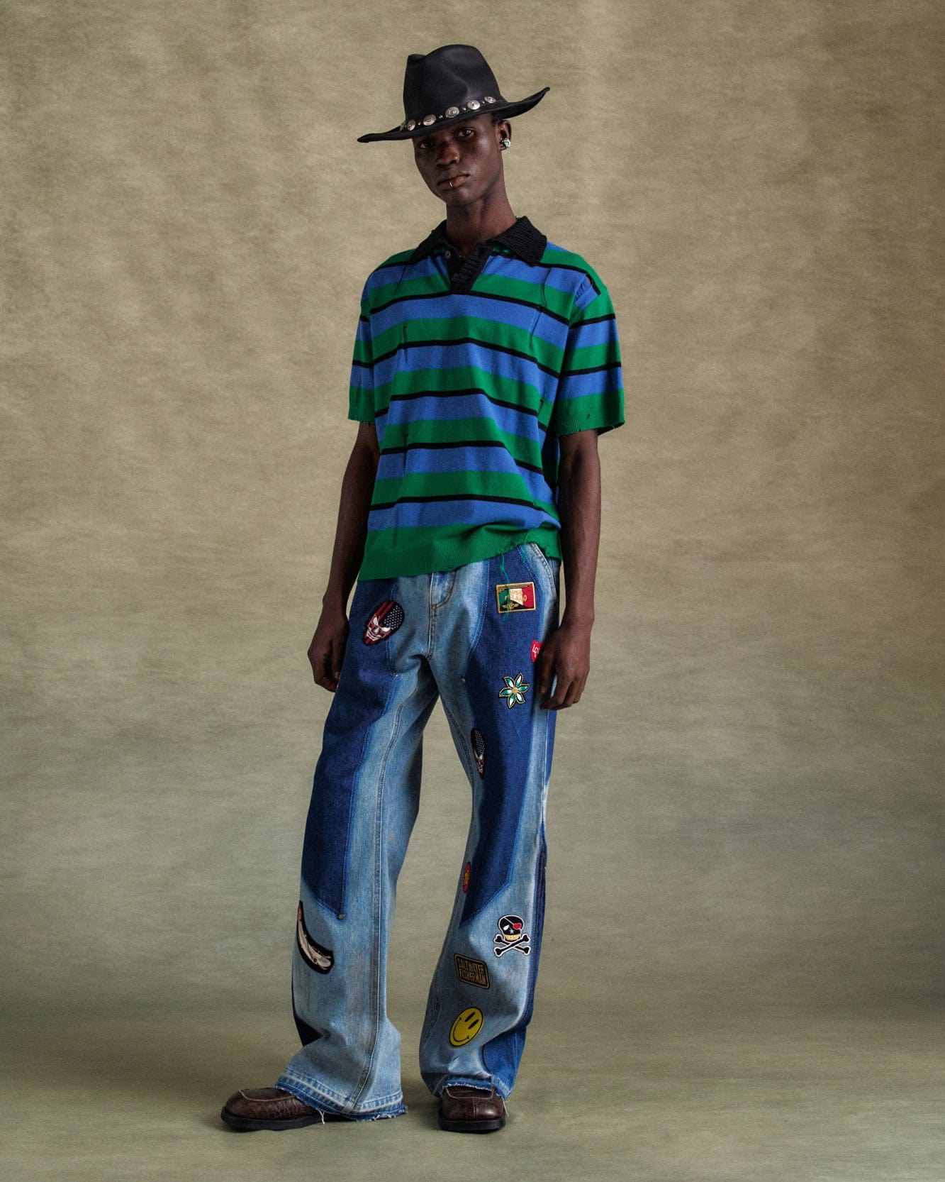 기타 DAMAGED STRIPE POLO SWEATER atb1242m(BLUE/GREEN/BLACK)
