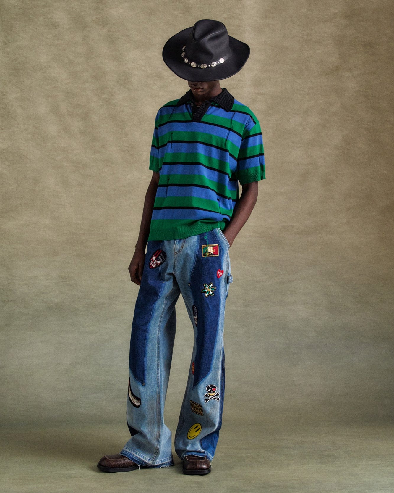기타 DAMAGED STRIPE POLO SWEATER atb1242m(BLUE/GREEN/BLACK)