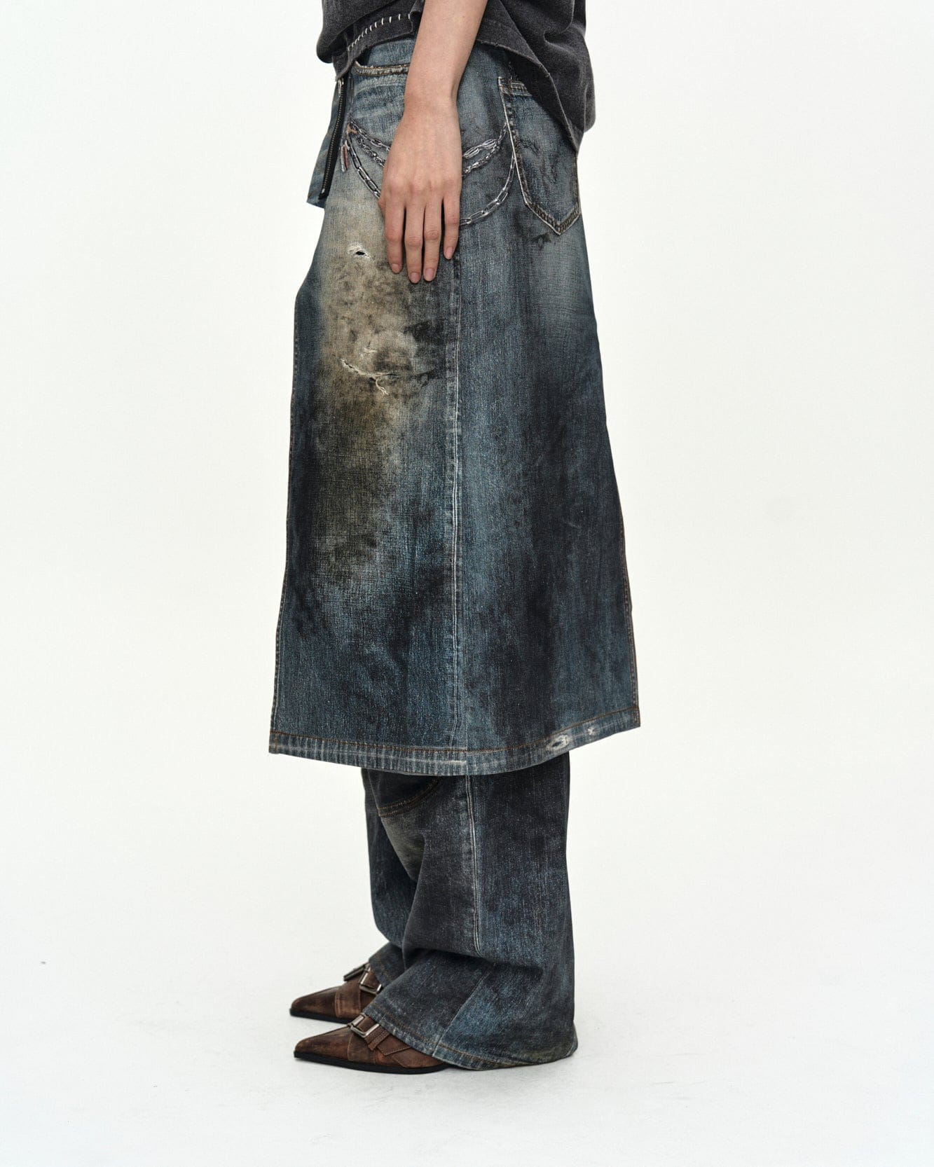 DENIM TROMPE-L'OEIL GRAPHIC WRAP SKIRT apa918w(MID BLUE
