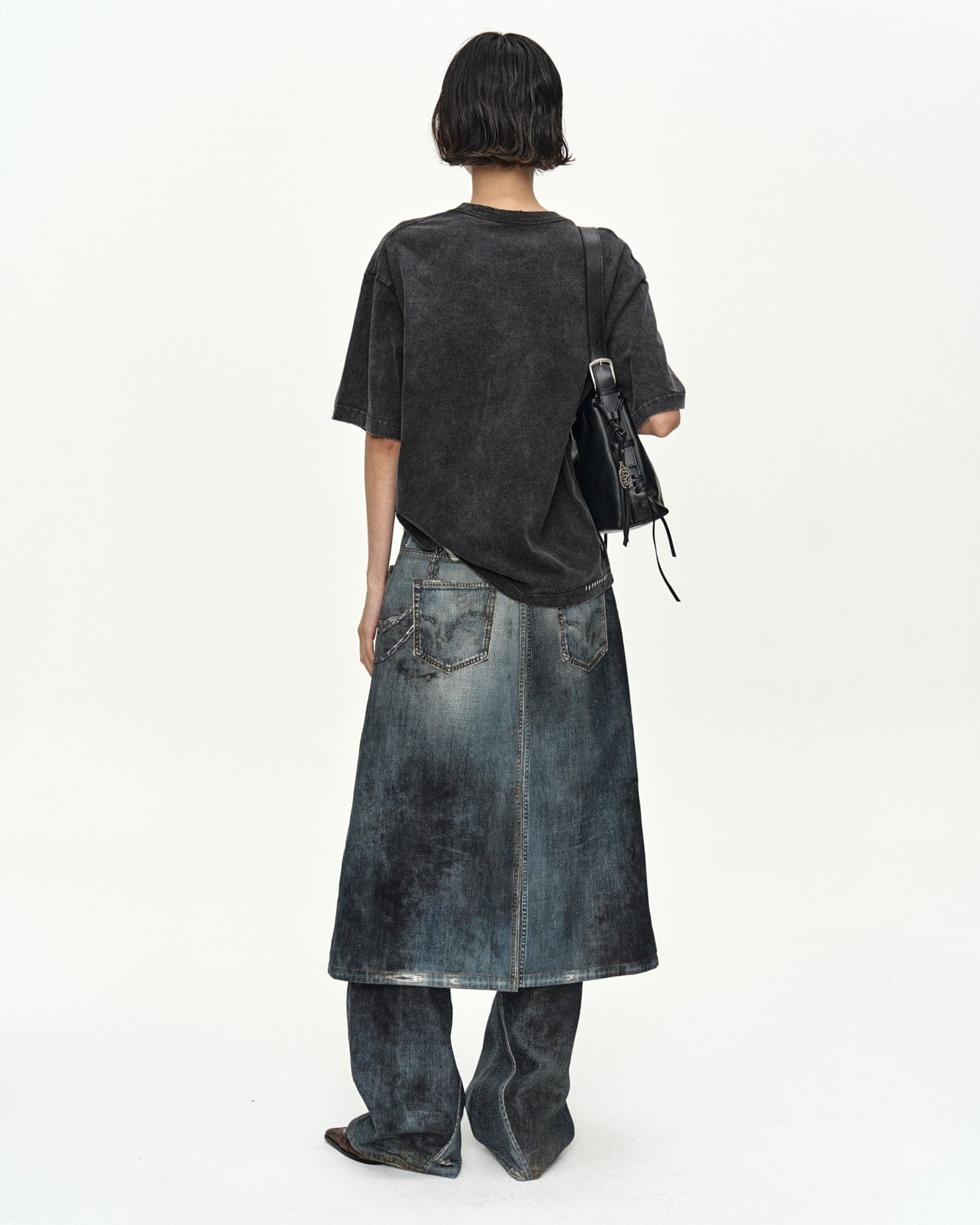 DENIM TROMPE-L'OEIL GRAPHIC WRAP SKIRT apa918w(MID BLUE
