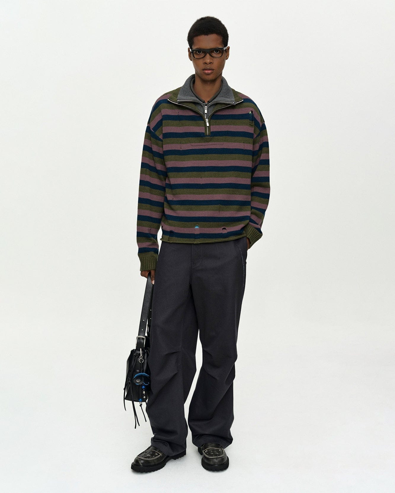 DOUBLE LAYERED STRIPE HALF ZIP-UP SWEATER atb1452m(BLUE/GREY