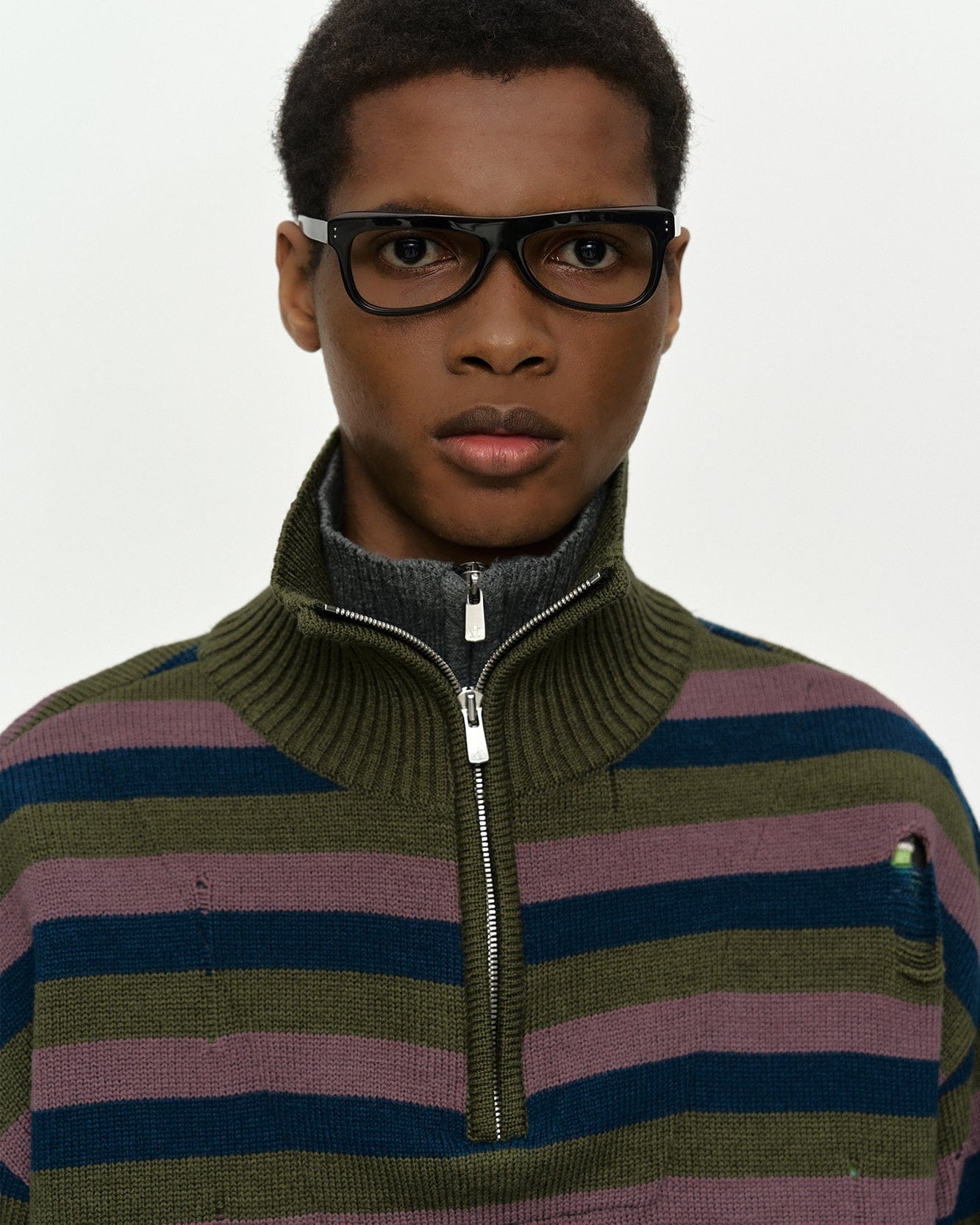 DOUBLE LAYERED STRIPE HALF ZIP-UP SWEATER atb1452m(BLUE/GREY
