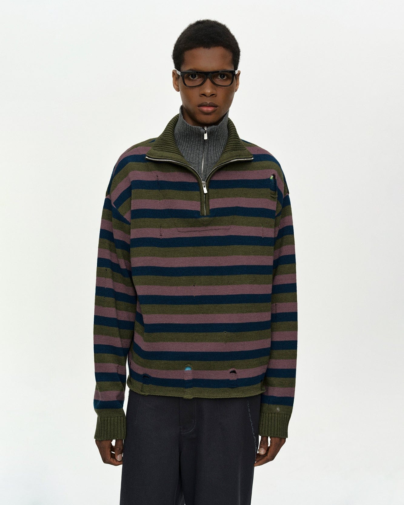 【doublet】STRIPE OVERSIZE PULLOVER 23aw DOUBLE LAYERED STRIPE HALF ZIP-UP SWEATER atb1452m(BLUE/GREY