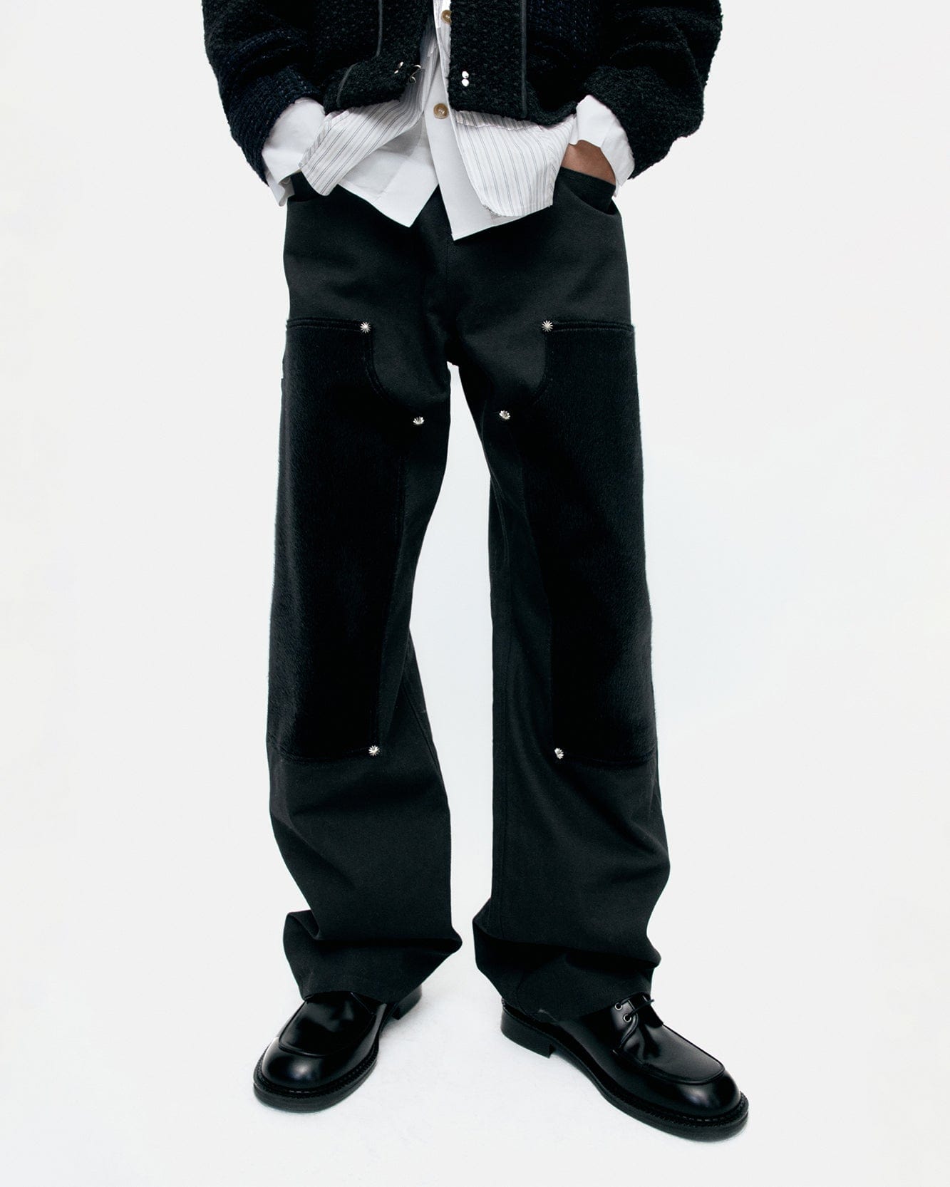 기타 FAUX PONY HAIR LEATHER CARPENTER WIDE-LEG JEANS apa855m(BLACK)