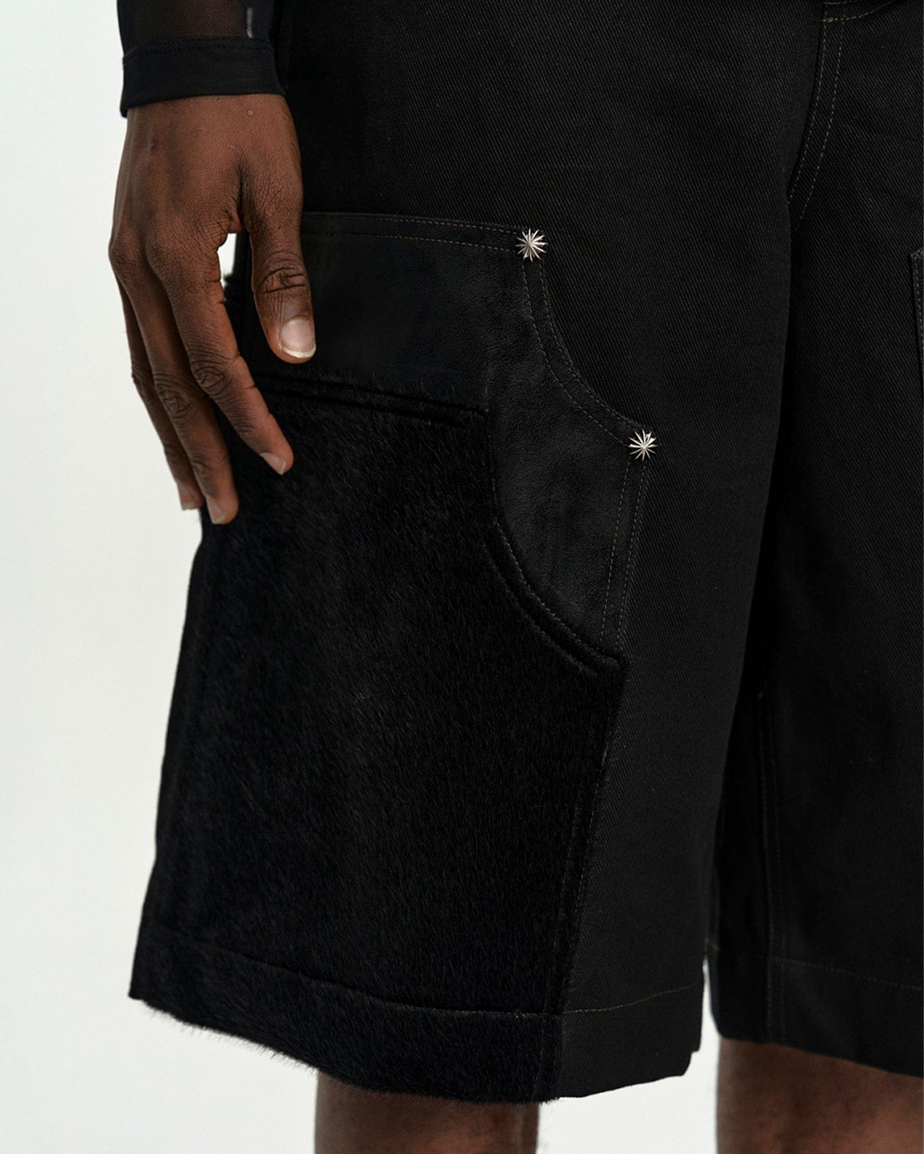 FAUX PONY PATCHWORK CARPENTER SHORTS apa867m(BLACK) – Andersson Bell