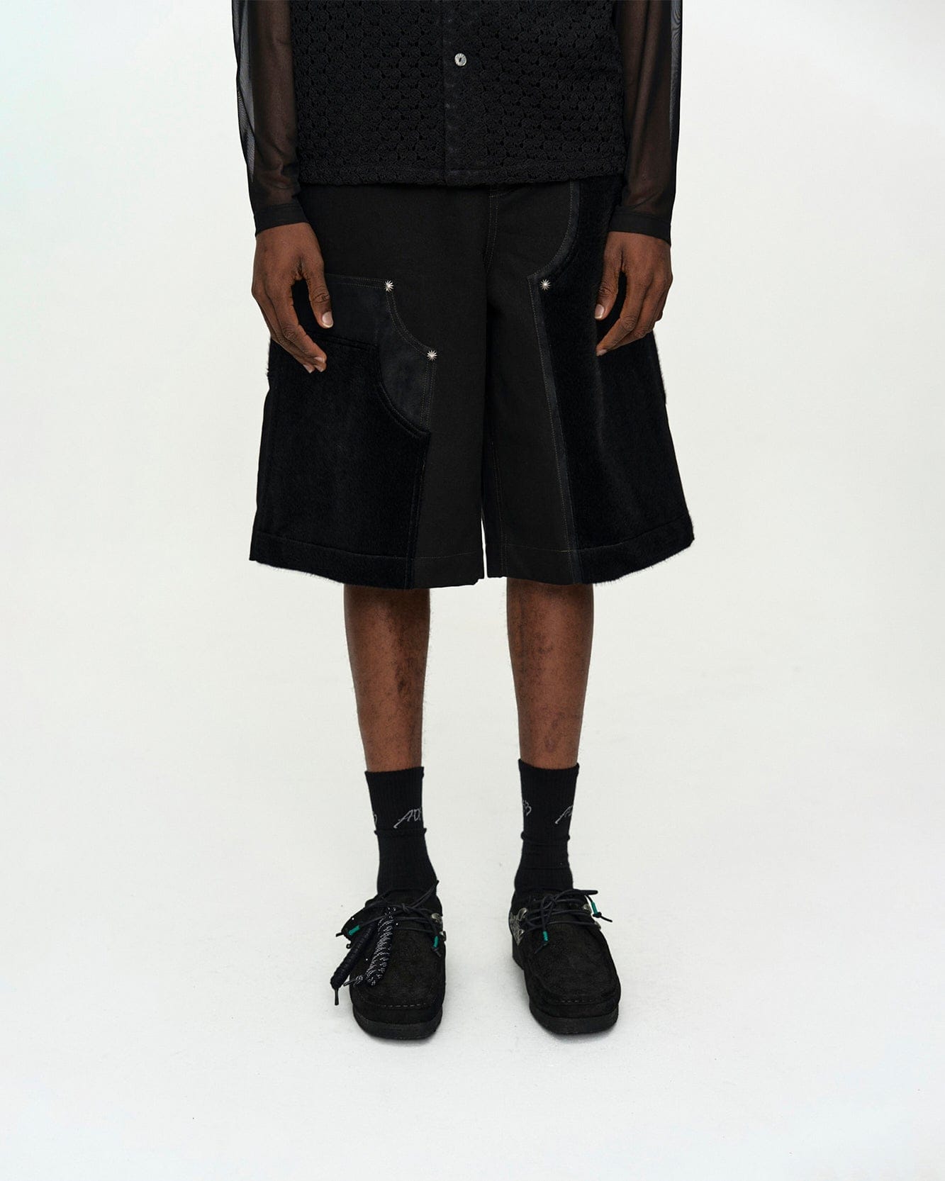 FAUX PONY PATCHWORK CARPENTER SHORTS apa867m(BLACK) – Andersson Bell