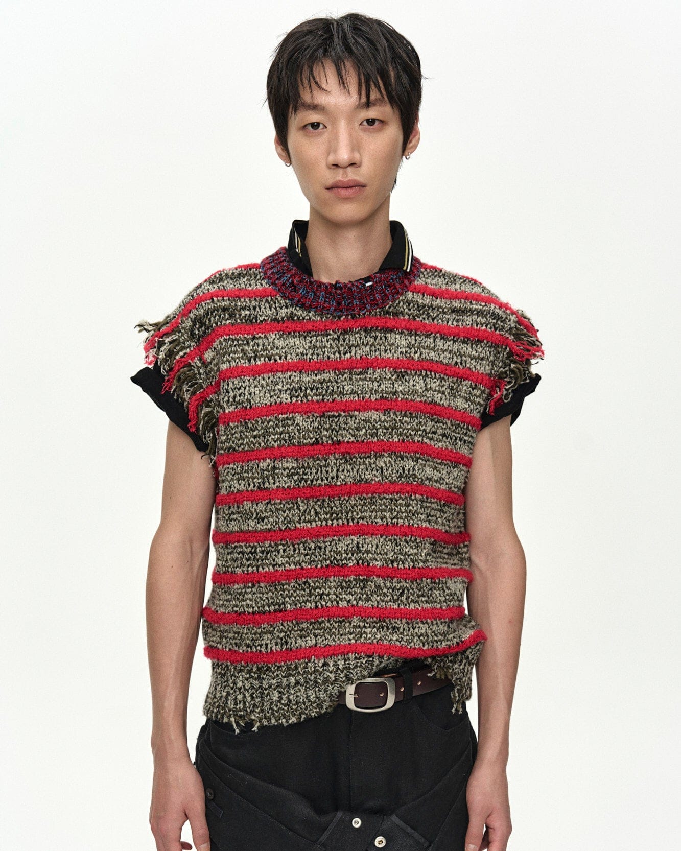 FRINGE STRIPE WOOL CREW-NECK VEST atb1540m(RED/MELANGE