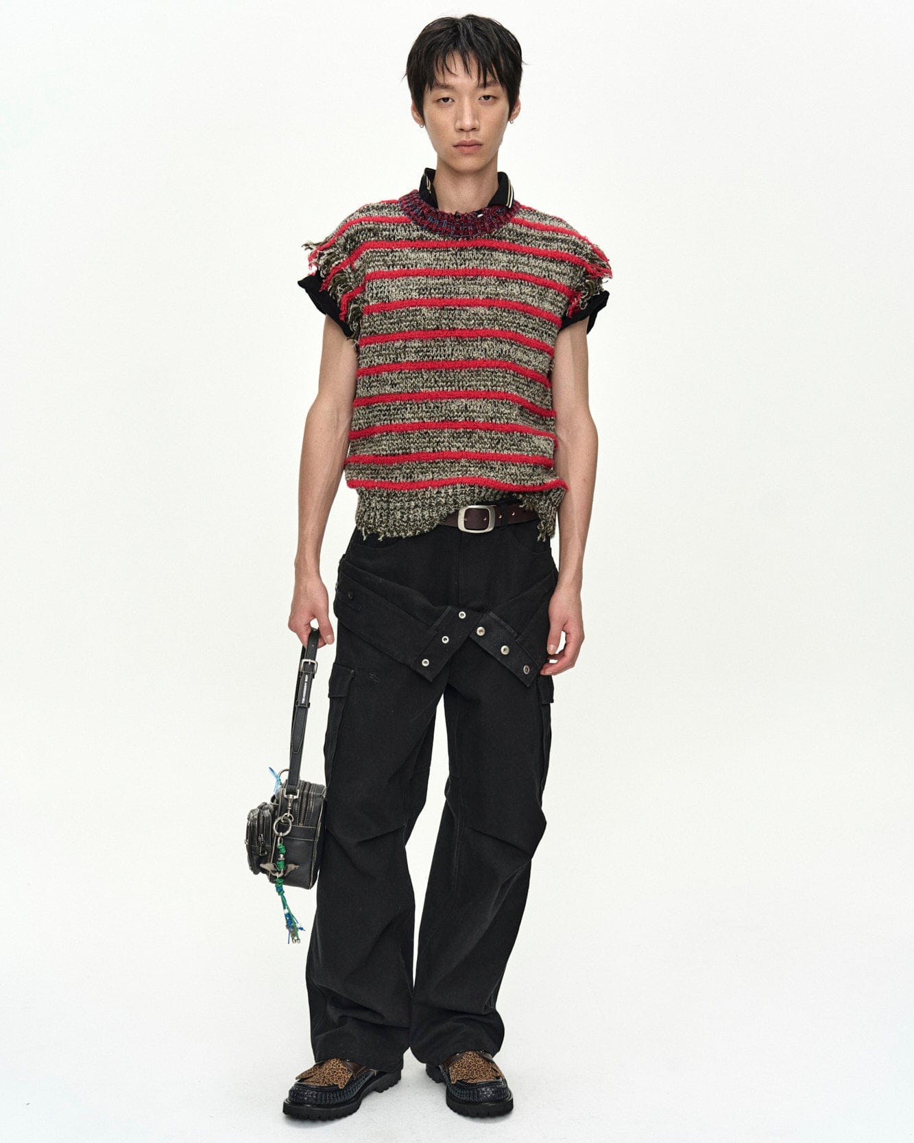 FRINGE STRIPE WOOL CREW-NECK VEST atb1540m(RED/MELANGE